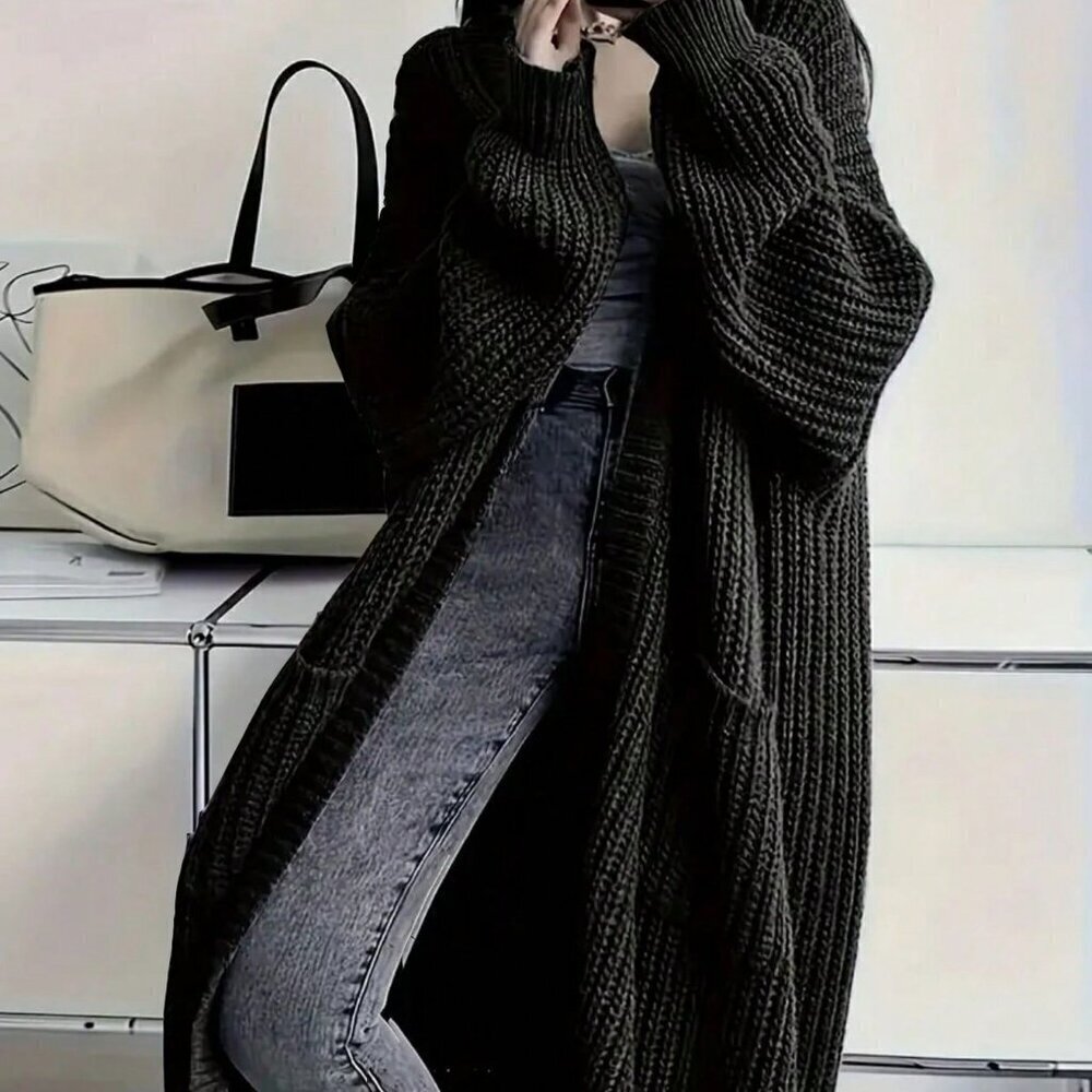 Black Casual Women's Open Front Loose Knit Cardigan
